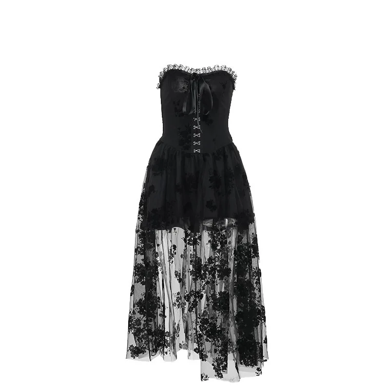 XS24354 Herbst 2024, neues langes, elegantes, leicht durchsichtiges, schmal geschnittenes, dunkles Braut-Mesh-Kleid