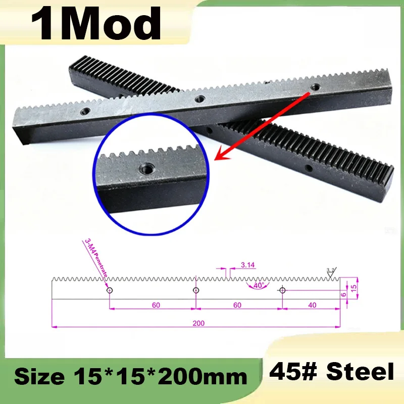 1Pcs 1Mod Gear Rack 15*15mm Length 200mm 45#Seel Precision CNC Zipper Straight Teeth Toothed Rack For Engraving Machine