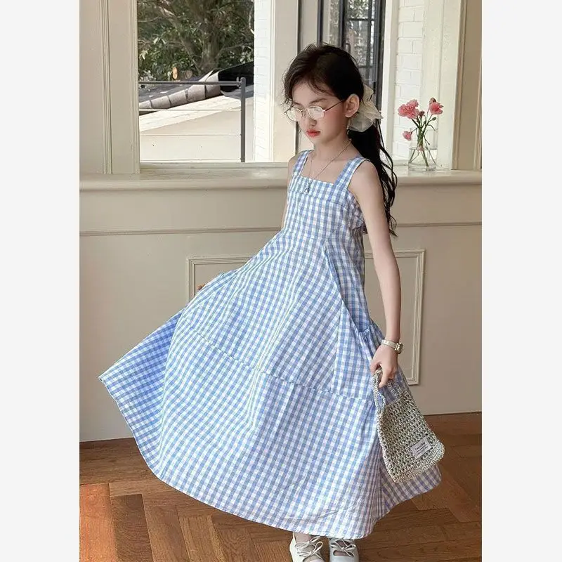 Girls' Dress Summer New Korean Children's Plaid Vest Long Beach Skirt Fashion and Beautiful Kids Dress