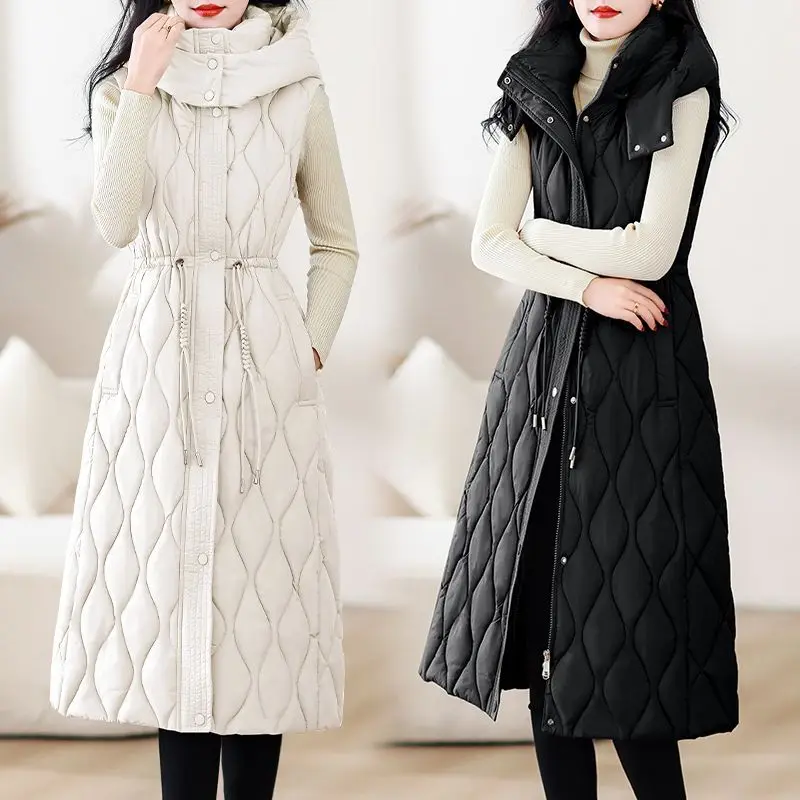 

Autumn And Winter Down Medium Long Vest Stylish, Winter Slim Fit Fashion Elegant Jacket Sleeveless Cotton Padded Parka w1487