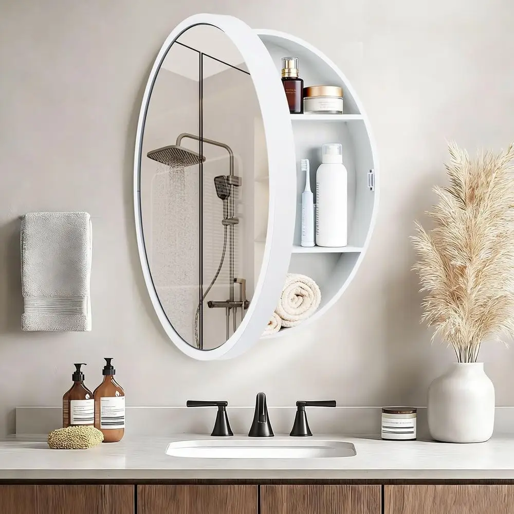 

21 x 18 Inch Oval Bathroom Medicine Cabinet - Wall Mounted Mirror with Concealed Shelves, Premium Wooden e & Moisture-Proo Desig
