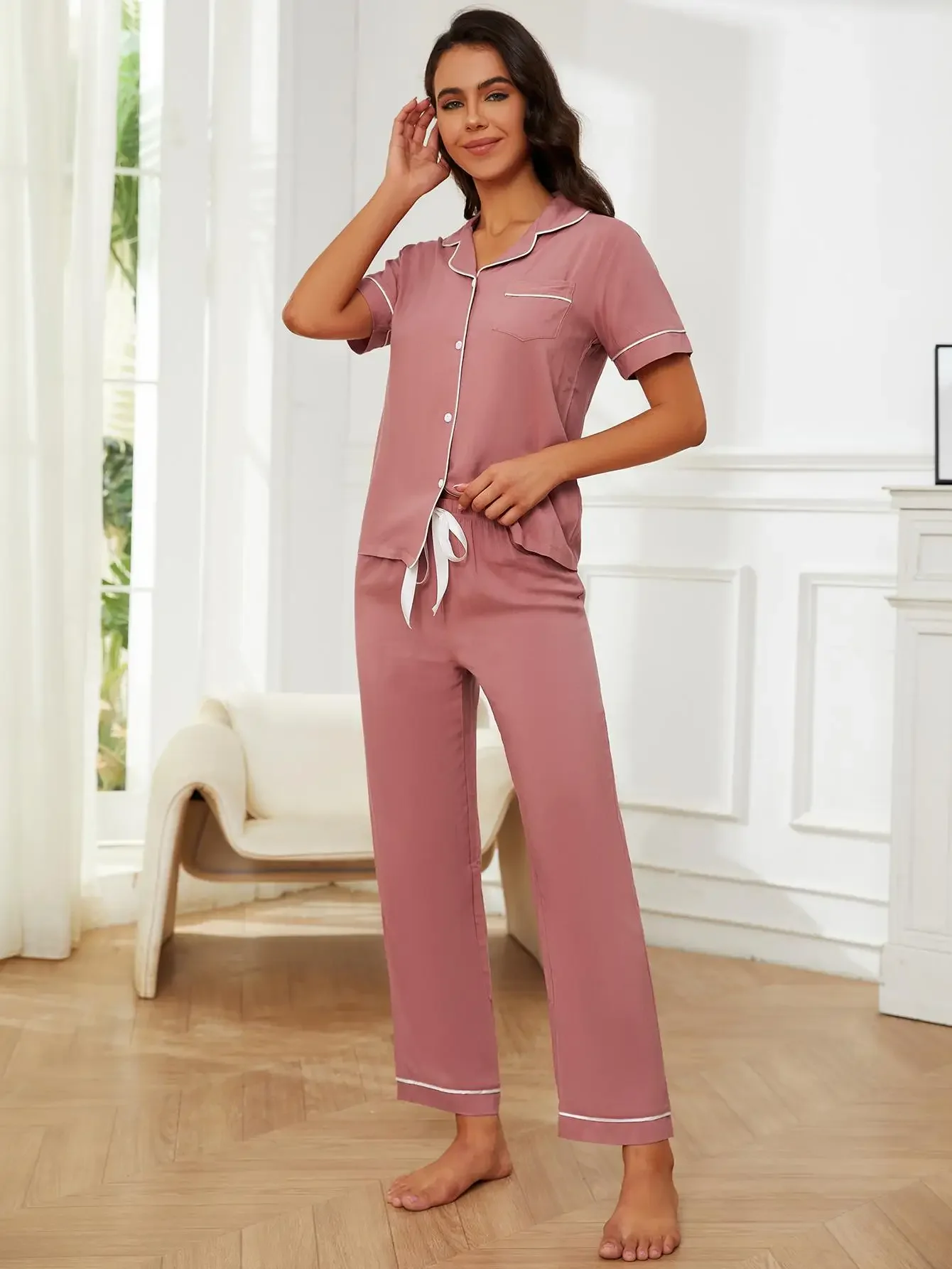 Solid Women\'s Pajamas Set Notched Collar Button Short Sleeves Top Tee&Long Drawstring Pants Female 2 Pieces Sleepwear Nightwear