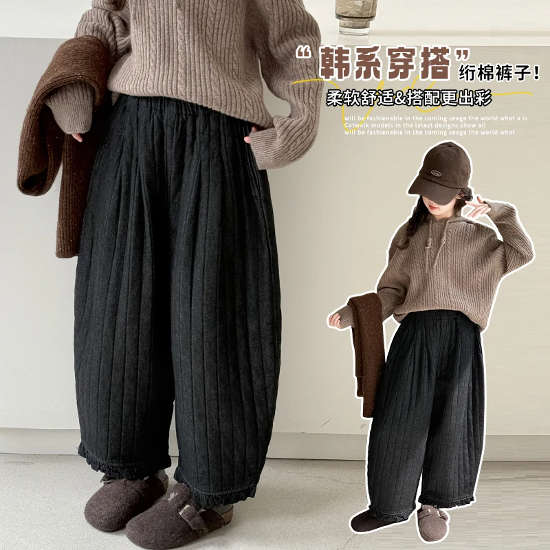 

Winter New Simple Fashion Cotton Padded Casual Pants Kids 2025 Retro Loose Solid Color Harem Quilted Trousers Girls Age 4 To 14Y