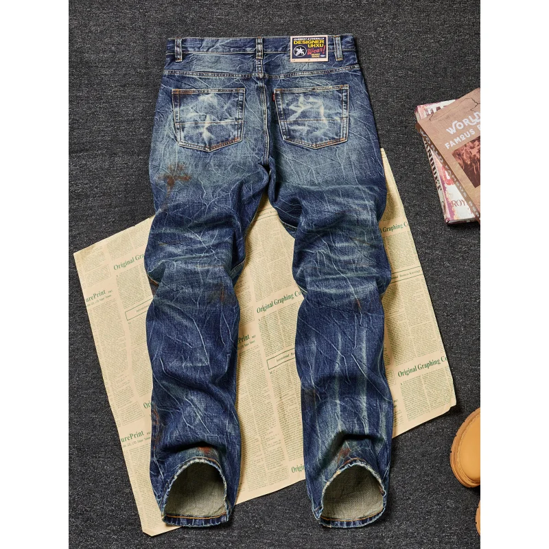 Heavyweight OZ American Retro Washed Distressed Jeans Men High-End Loose Straight Vintage Denim Trousers
