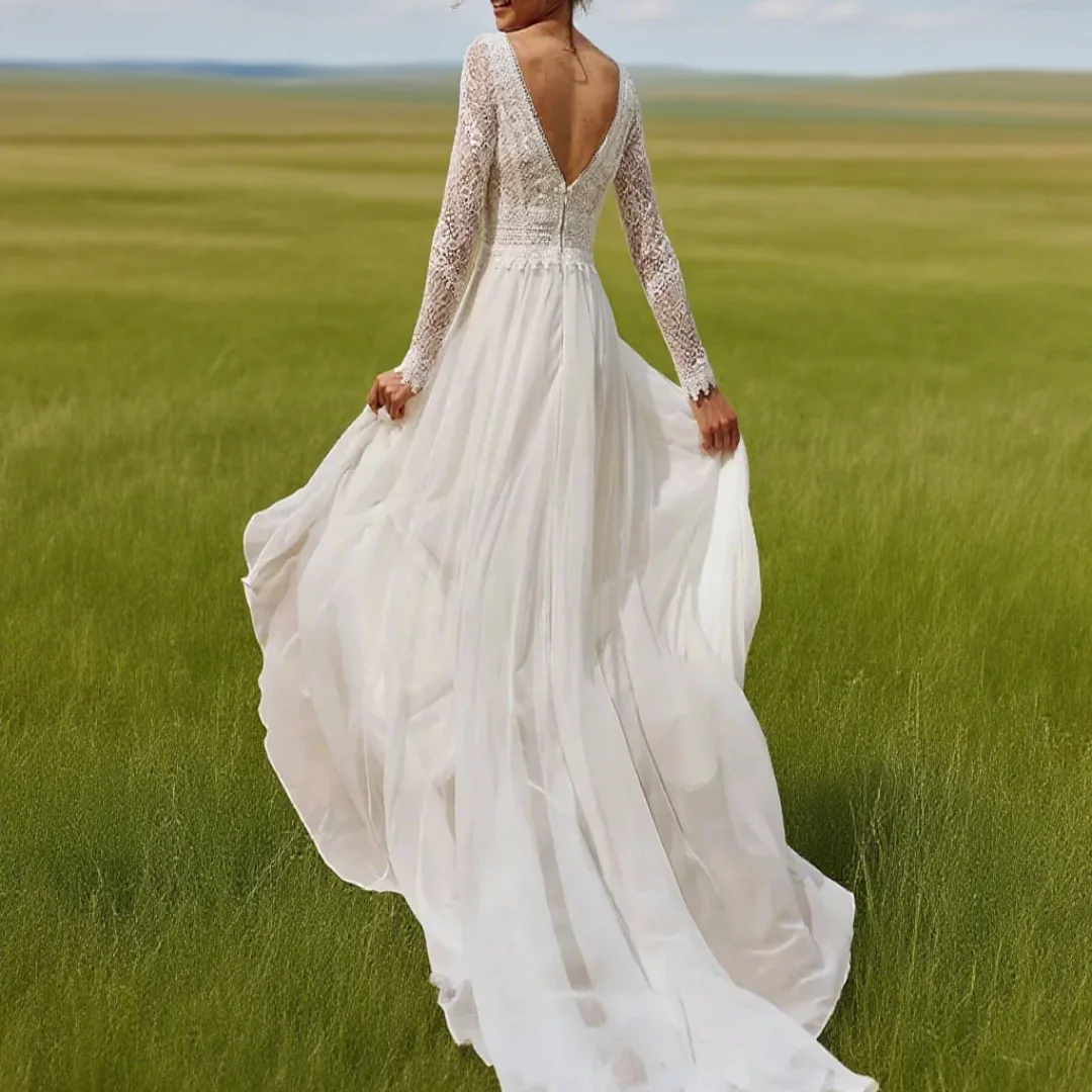 Customized long-sleeved lace V-neck strapless wedding dress in Bohemian style for a formal evening gown for the bride