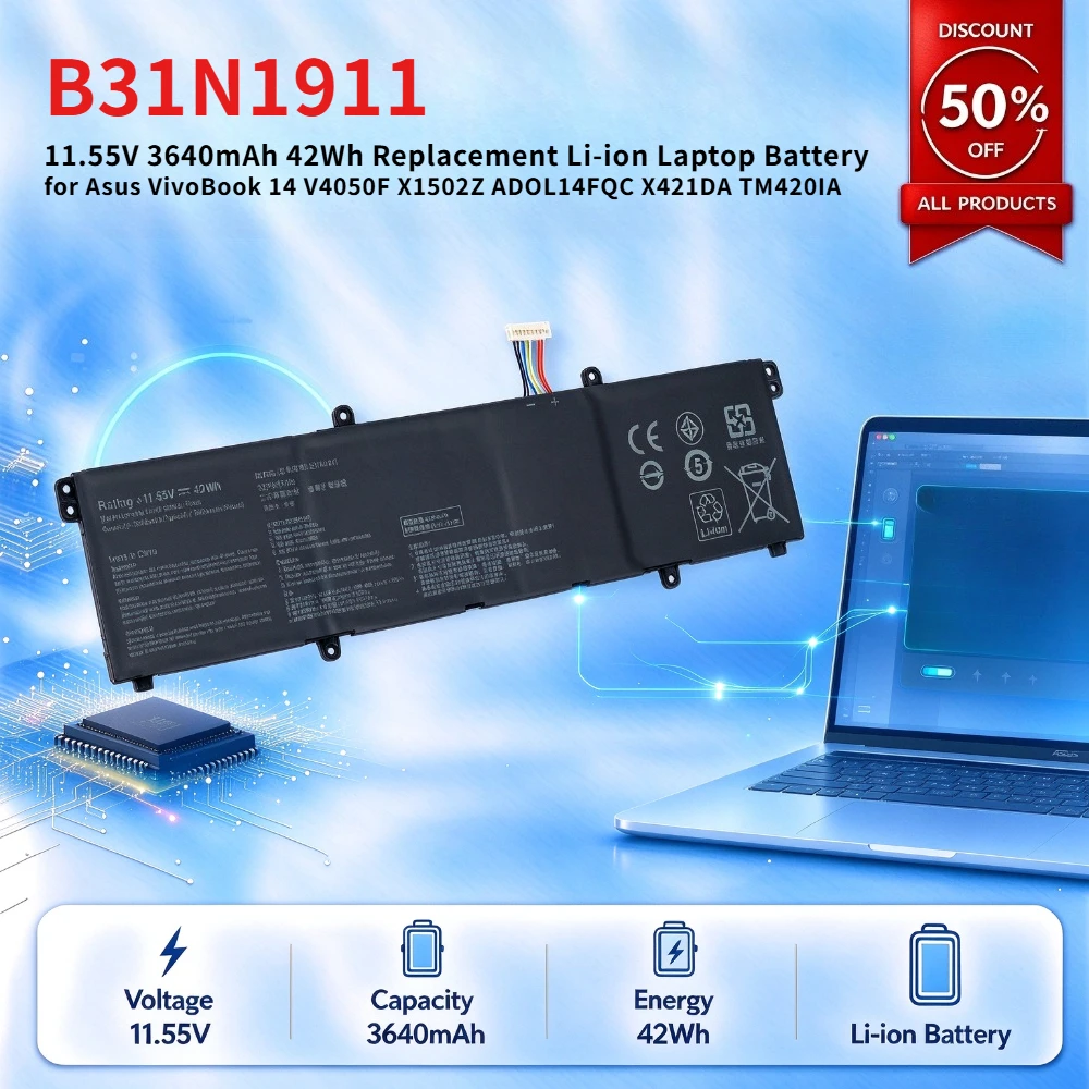B31N1911 11.55V 3640mAh 42Wh Replacement Li-ion Laptop Battery for Asus VivoBook 14 V4050F X1502Z ADOL14FQC X421DA TM420IA