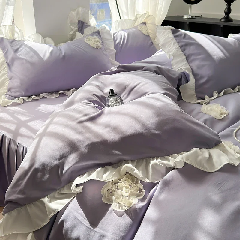 Premium 2025 Bedding Set, 1.5m Bed, French Style, Water - Washed Cotton, Ruffled and Lacy, Matching Pillowcases