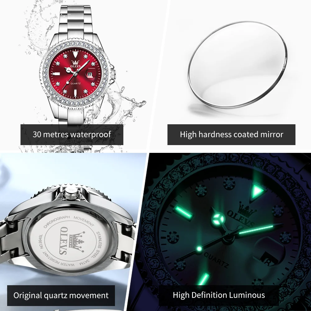 OLEVS 9945 Woman Watches Original Luxury Diamond Scale Quartz Watch For Women Steel Strap Waterproof Luminous Date Wristwatch