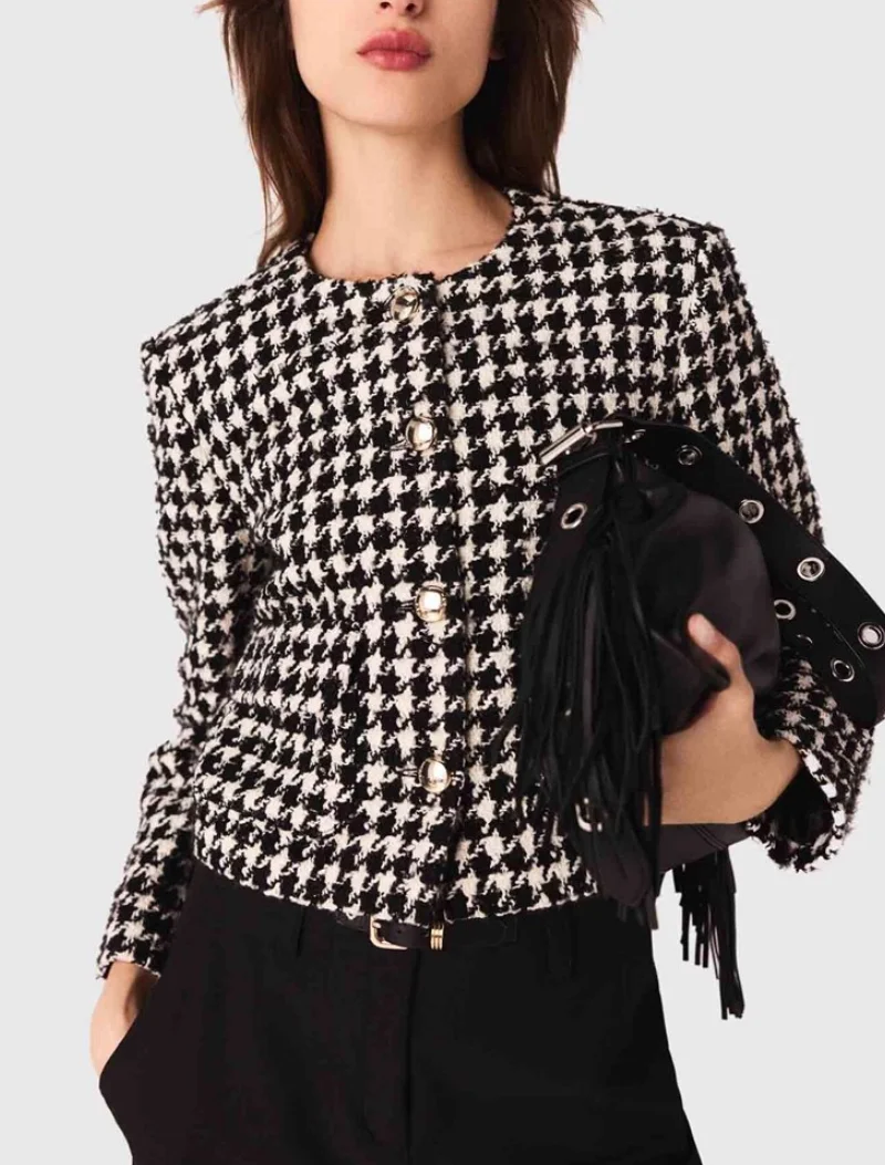 

High Quality Women Houndstooth Single Breasted Coat or O-Neck Sleeveless Pleated Tank Robe Autumn Winter Fashion Outfit