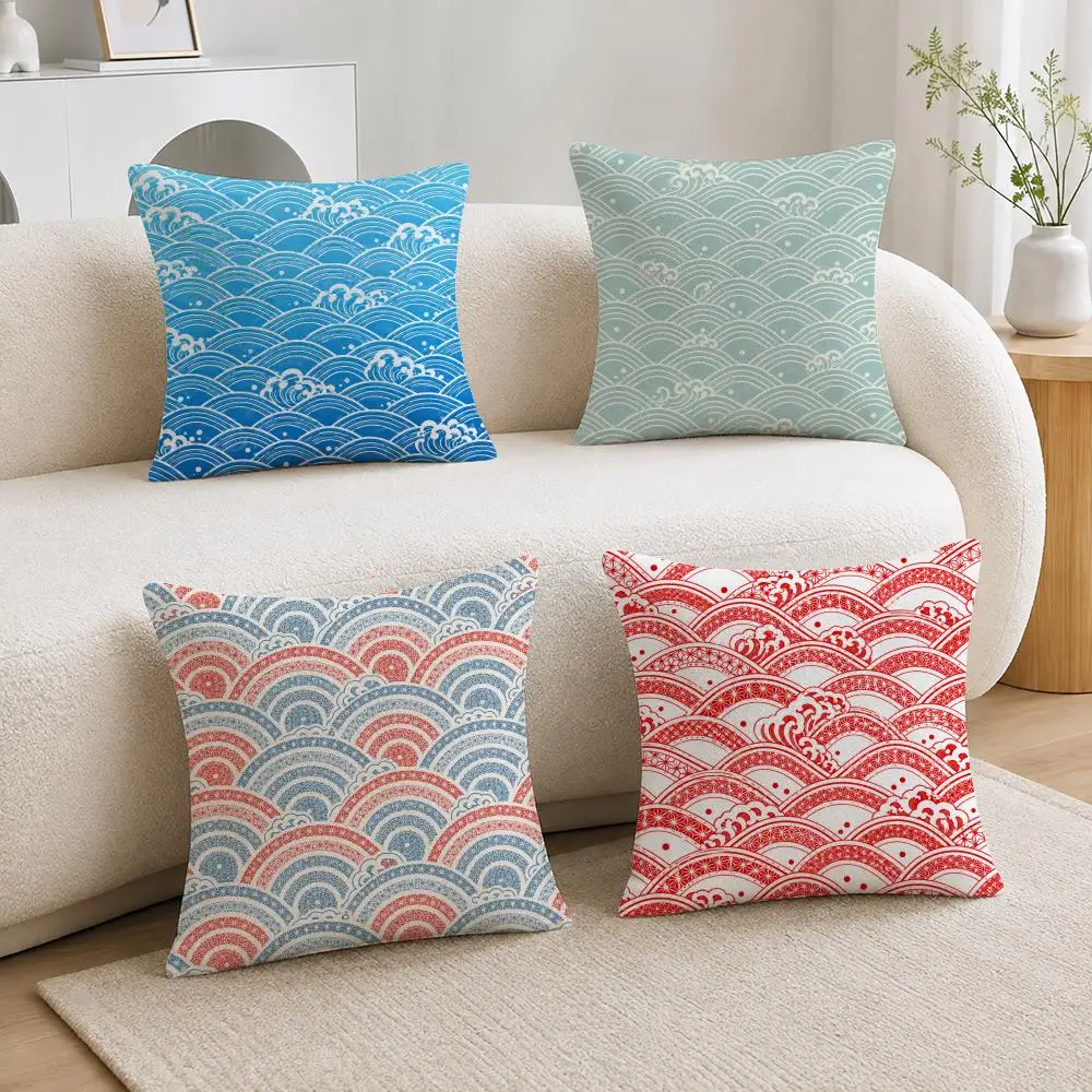 Classic Japanese Repeating Motif Seigaiha Ocean Wave Pattern Soft Plushs Fluffy Throw Pillow Cases for Sofa Bedroom Home Decor