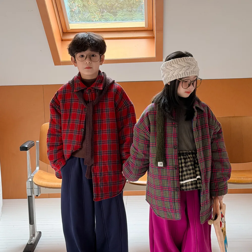 

Winter Kids Baby Girls Padded Shirt Coat 2-12Y Girls Contrast Plaid Mid-length Jacket Turn Down Collar Thick Children Outerwears