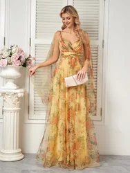 XUIBOL Luxury Yellow Suspenders  Evening Dress Women Chiffon Backless Wedding Party Prom Long  Bridesmaid Cocktail Gowns