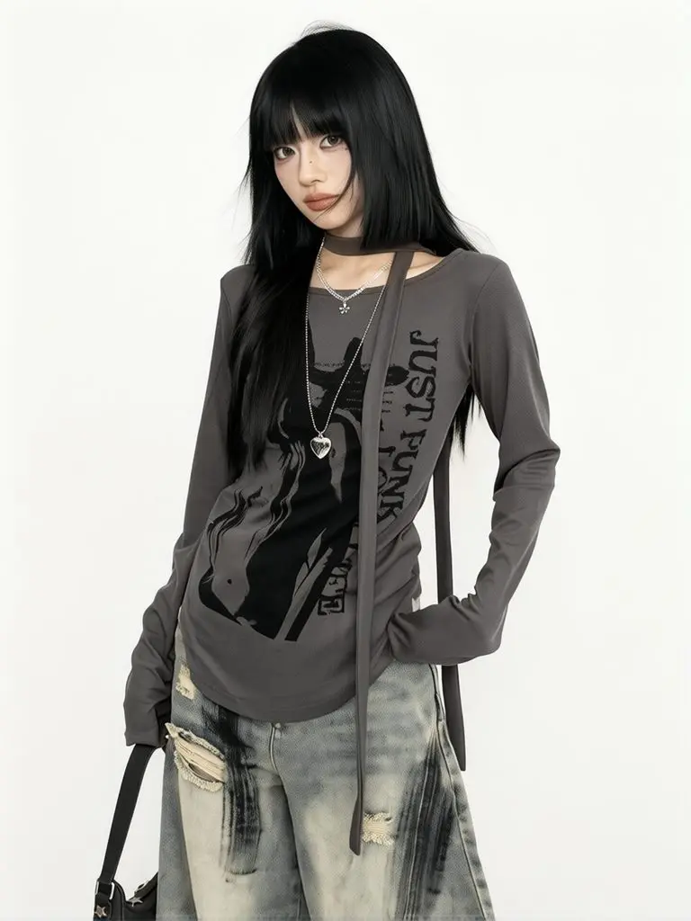 Y2K Streetwear Women's Long Sleeve T-Shirts, Slim Fitted Tops Bow Tied Graphic Tee Design, Grey Choker Neck Casual Shirts