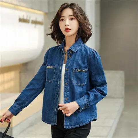 High Class Denim สี Contrast Patchwork เสื้อผู้หญิงความรู้สึกการออกแบบใหม่ลายสก๊อตเสื้อยอดนิยมฤดูใบไม้ผลิและฤดูใบไม้ร่วง2023