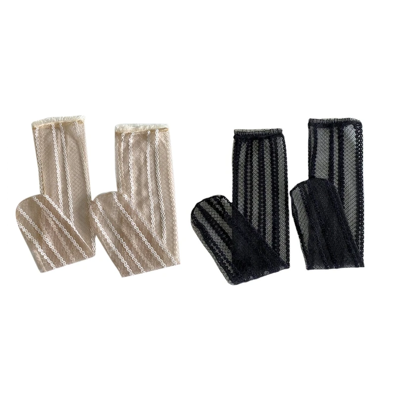 

Women Summer Thin Lace Calf Socks Japanese Sweet Ruffle Trim Vintage Vertical Striped Jacquard Sheer Mesh Princess