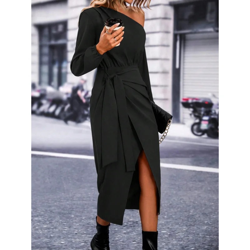 خريف شتاء جديد محطة مستقلة المرأة مثير خارج الكتف سبليت الخصر مقصوص غير المتماثلة الرقبة فستان بكم طويل #5