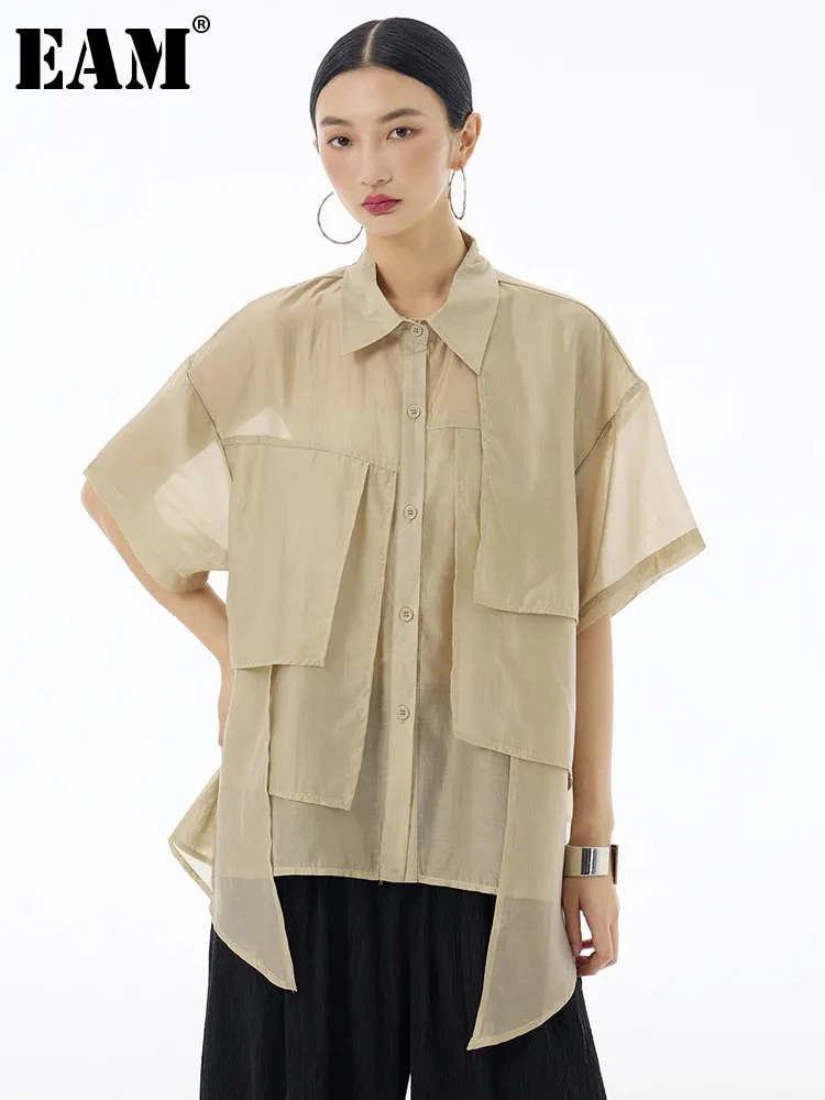 [EAM] Women Khaki Irregular Hem Big Size Thin Blouse New Lapel Short Sleeve Shirt Fashion Tide Spring Summer 2024 1DH6082