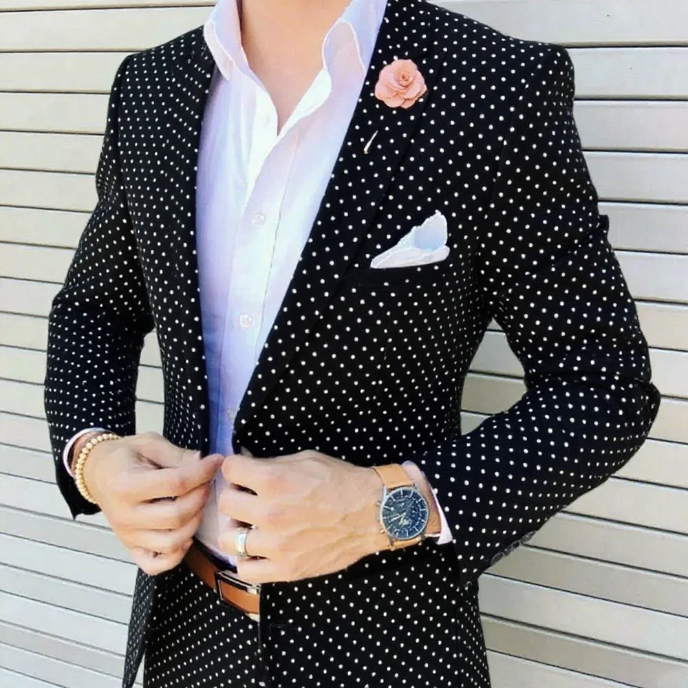 Dark Blue Dot Men's Suit Peaked Lapel Blazers Wedding Male Tuxedos One Button Slim Fit Groom Wear 2 Pieces Prom Jacket And Pants