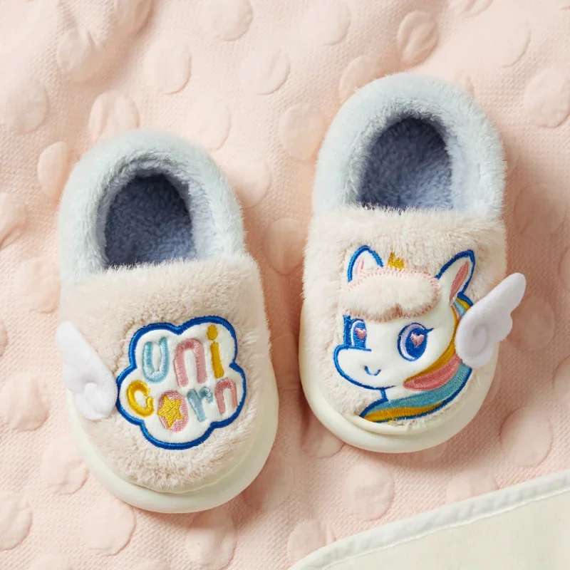 Winter Wrap Heels Kids Plush Slippers Cartoon Unicorn Children\'s Indoor Flip Flops Non-Slip Girls Boys Warm House Cotton Shoes