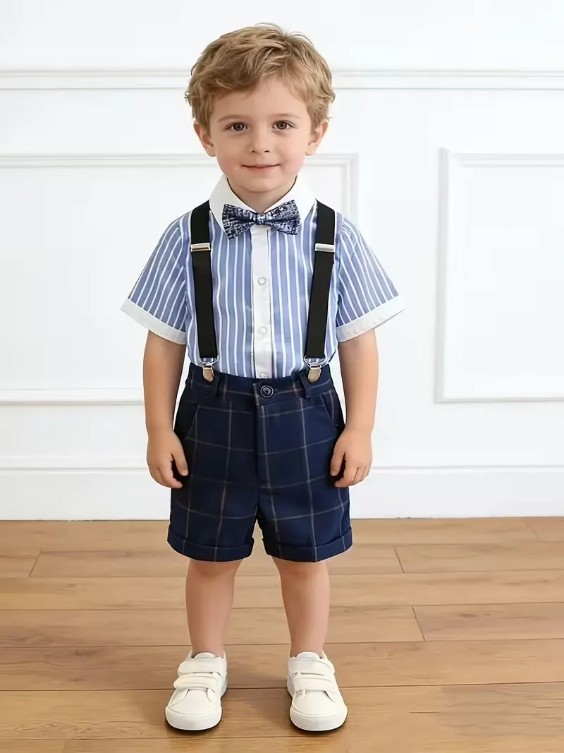 Prince Kids Summer 4Pieces Shirt Shorts Strap Bowtie School Unifrom Suit Boys Photography Dress Children Wedding Birthday Outfit