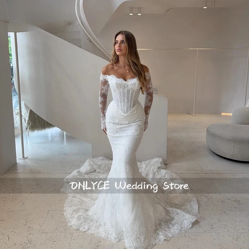 

Mermaid Lace Wedding Dress Off Shoulder Long Sleeves Bride Dresses Long Bridal Gowns vestidos de novia Customized