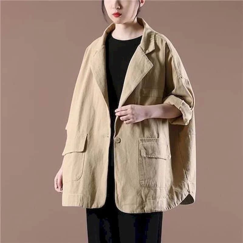 

Блейзеры для женщин, повседневные куртки с длинными рукавами, верхняя одежда в корейском стиле, винтажные однотонные пальто большого размера с индивидуальным воротником, женские топы