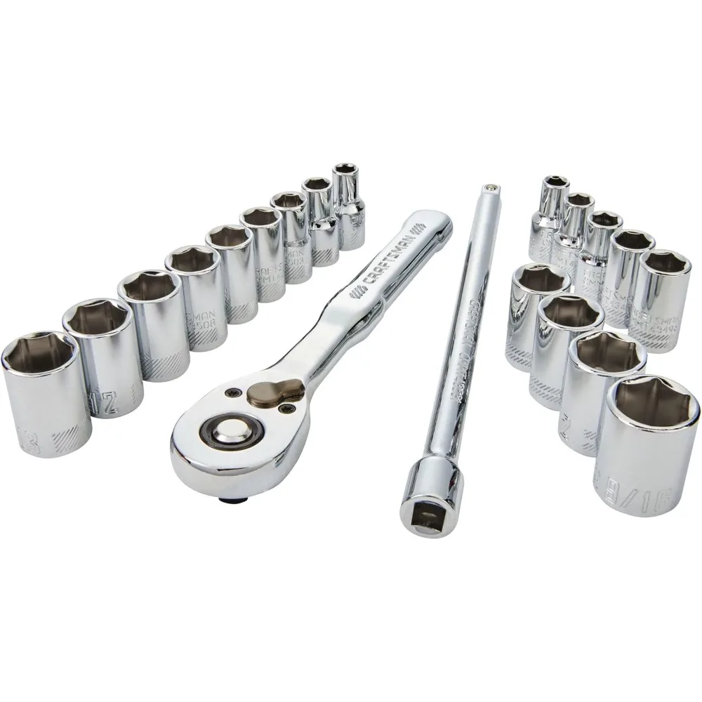

Machine tool set, 1/4-inch drive, 20-piece set, fully polished chrome-plated surface, allows for 5-degree oscillation.