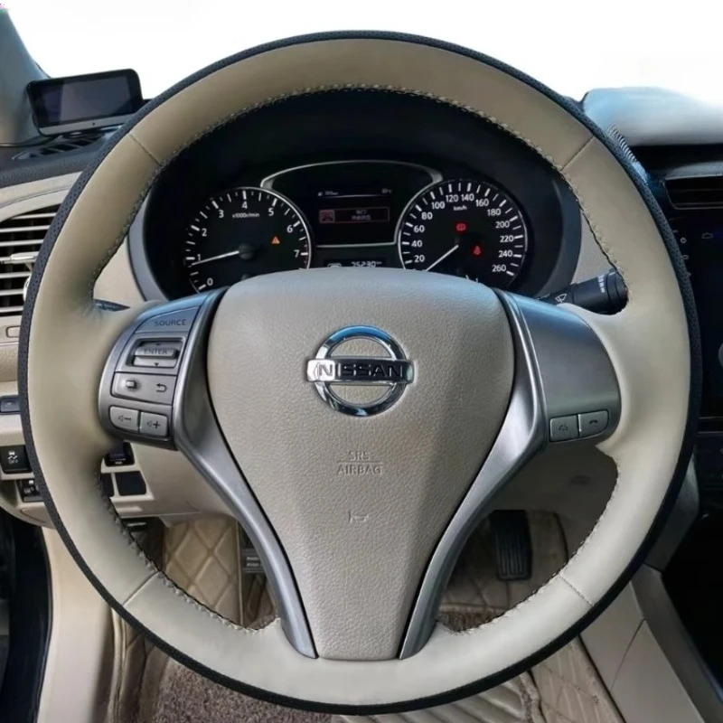 

For Nissan Teana Altima X-Trail Qashqai 2014-2018 Rogue 2014-2016 Hand-Stitched Black Beige Genuine Leather steering wheel cover
