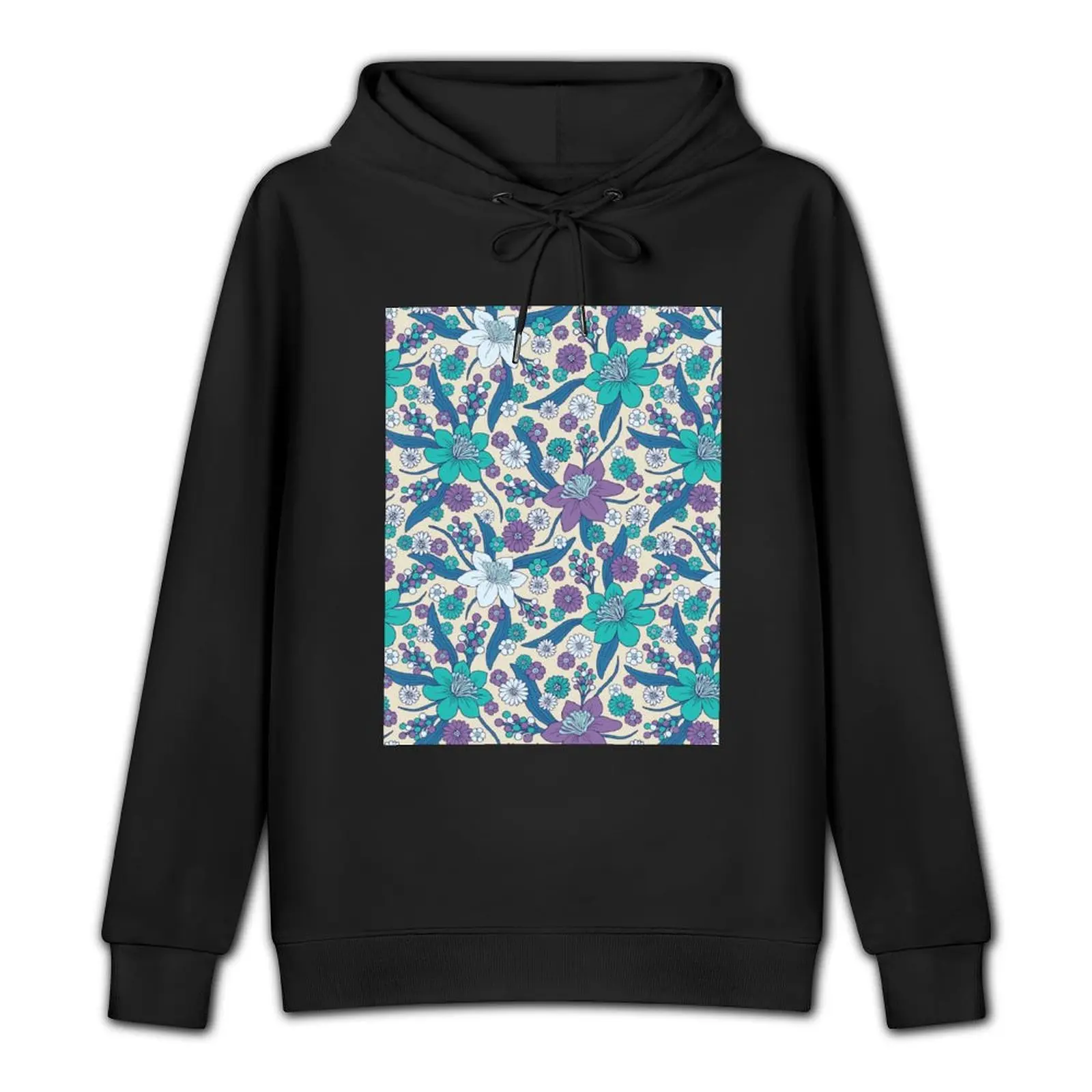 Purple, Teal & Blue 1970s Inspired Retro Floral Pattern Pullover Hoodie streetwear men clothes for men mens hoodie