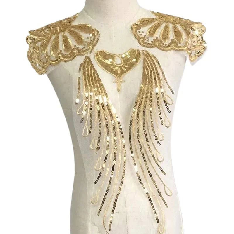Gold, Silber Pailletten Spitze Stoff Nähen Patch Mieder Kragen Applikation, Blumenstickerei Aufnäher für Partykleid, Hochzeitskleid
