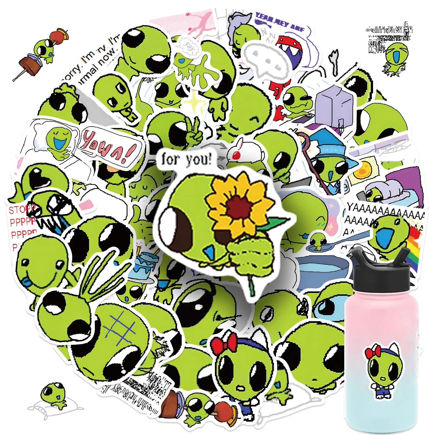 52pcs Green Alien Stickers Waterproof Reusable PVC Decals with Whimsical Designs for Laptops Water Bottles Skateboards Luggage