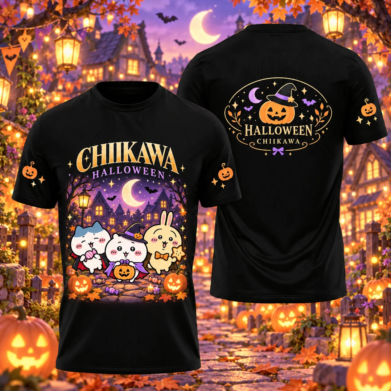 Chiikawa Halloween Graphic T-Shirt Cute Hachiware Usagi Momonga Pumpkin Witch Print Tee Kawaii Anime Fan Women and Kids T Shirt