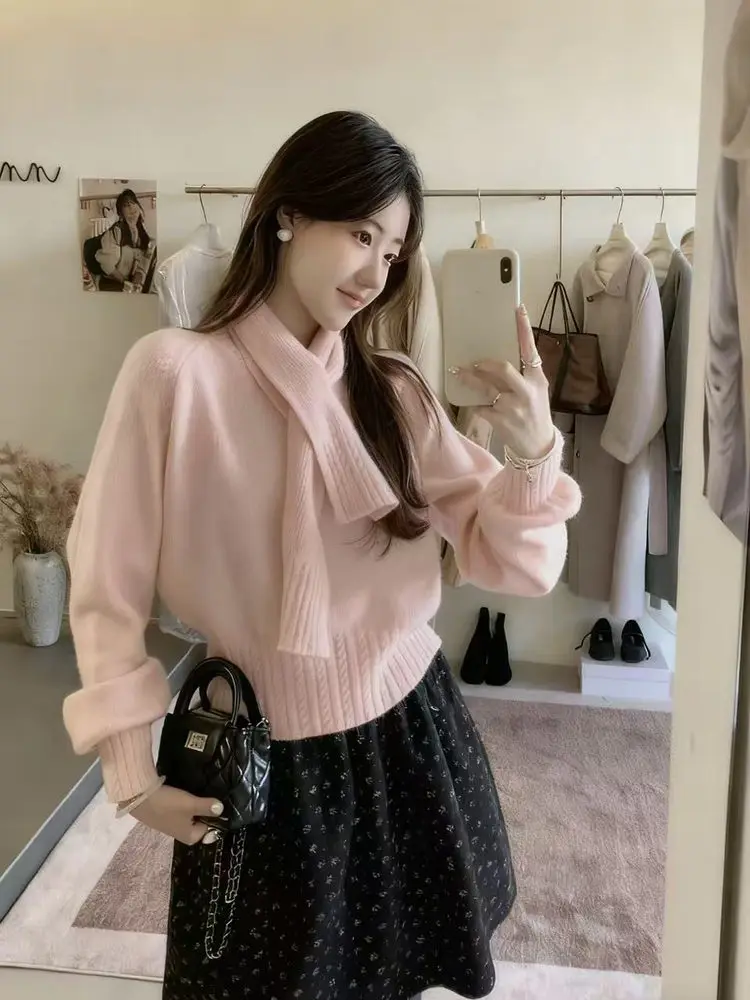 Korean Solid Color Warm Women's Sweater with Scarf Autumn Winter Soft Comfort Pullover Female Lazy Style Round Neck Knitwear
