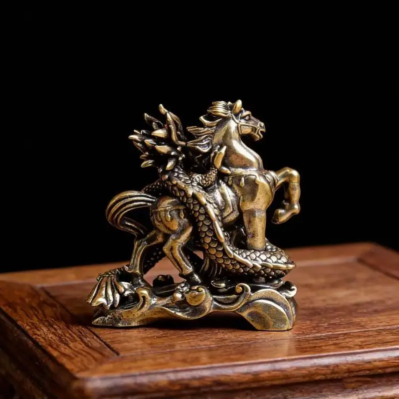 Vintage Chinese Dragon Horse Brass Ornament 1Pc Small Handmade Copperware for Home Entryway Shelf Decor Good Luck Charm