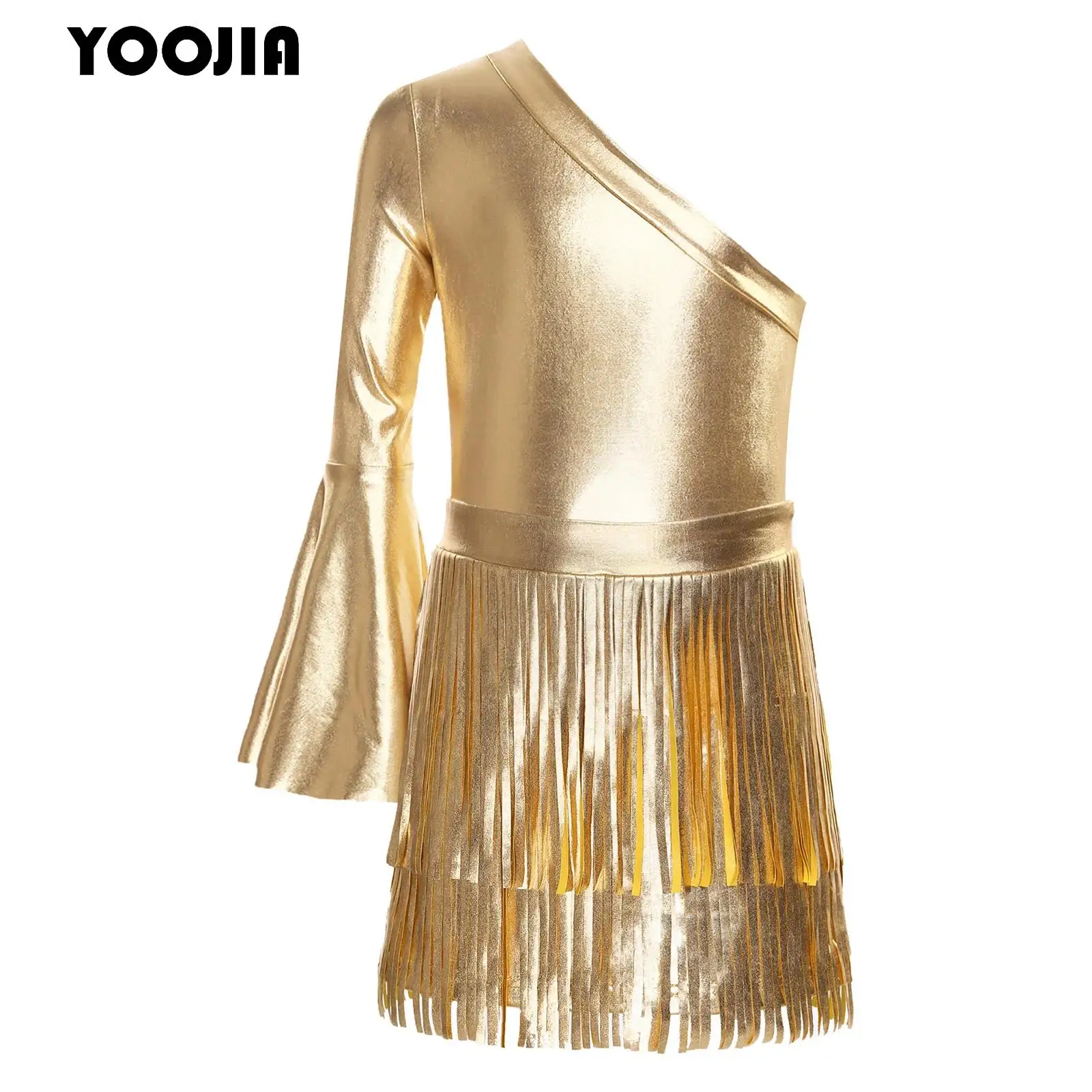 

Halloween Shiny 70S Disco Hippie Costume Outfits Girls One Flare Sleeve Bodysuit +Tassels Skirt Western Cowgirl Fancy Dress Up