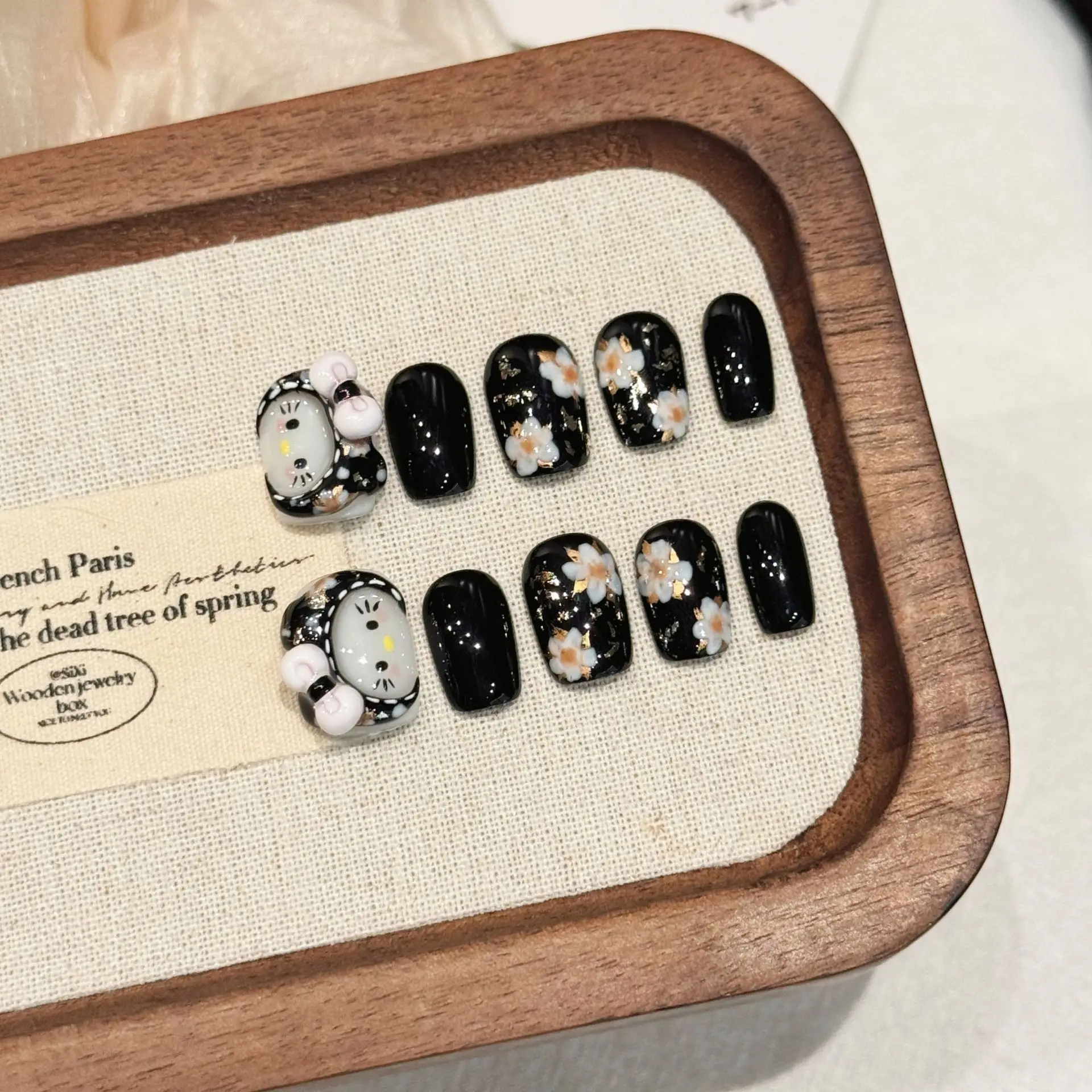 

10 PCS Luxury Handmade Press on Nails Short Square Retro hand-painted Design with 3-PIECE Tool Adhesive Nail Glue Tabs