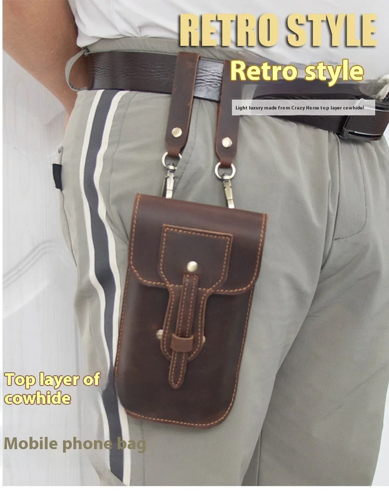 Crazy Horse Leather Men's Waist Bag with Phone Pocket