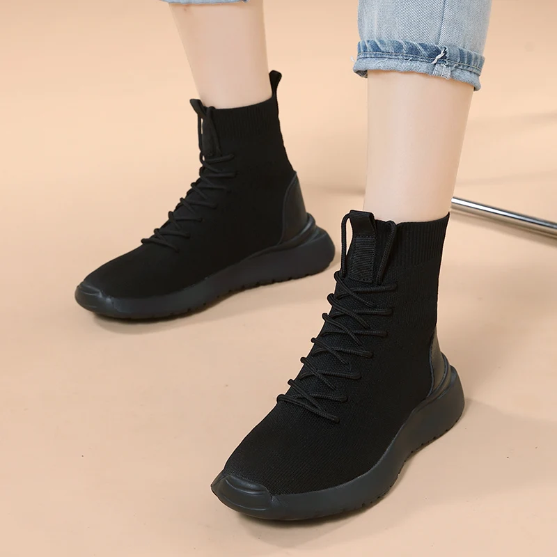 YISHEN Women\'s Boots Socks Shoes Lace Up Casual Shoes For Girl Breathable Cozy Elastic Platform Ankle Boots Winter Femmes Bottes