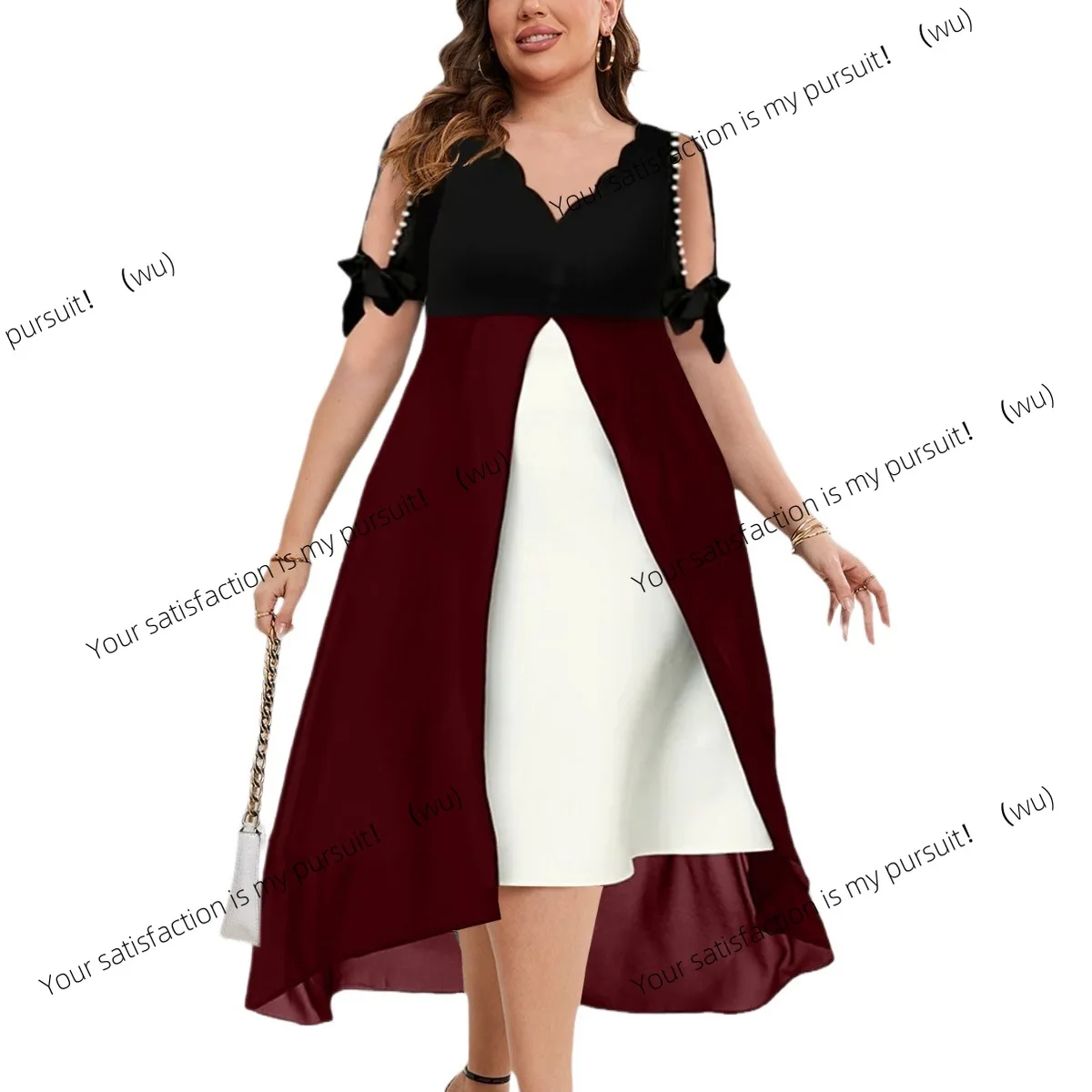 Large size women's V-neck splicing fake two-piece irregular medium-sleeved dress