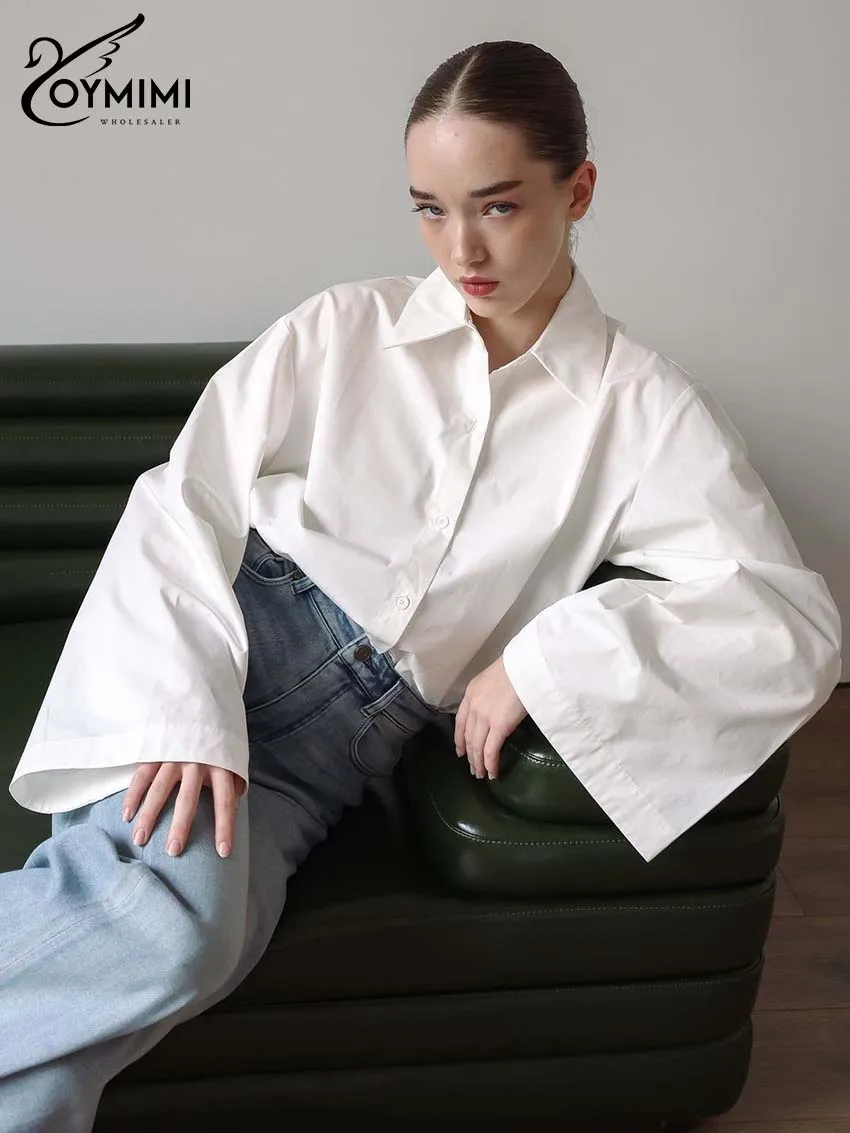 قمصان نسائية قطنية بيضاء عصرية من Oymimi قمصان أنيقة بياقة مقلوبة وأكمام طويلة بلوزات غير رسمية واحدة الصدر للسيدات #4