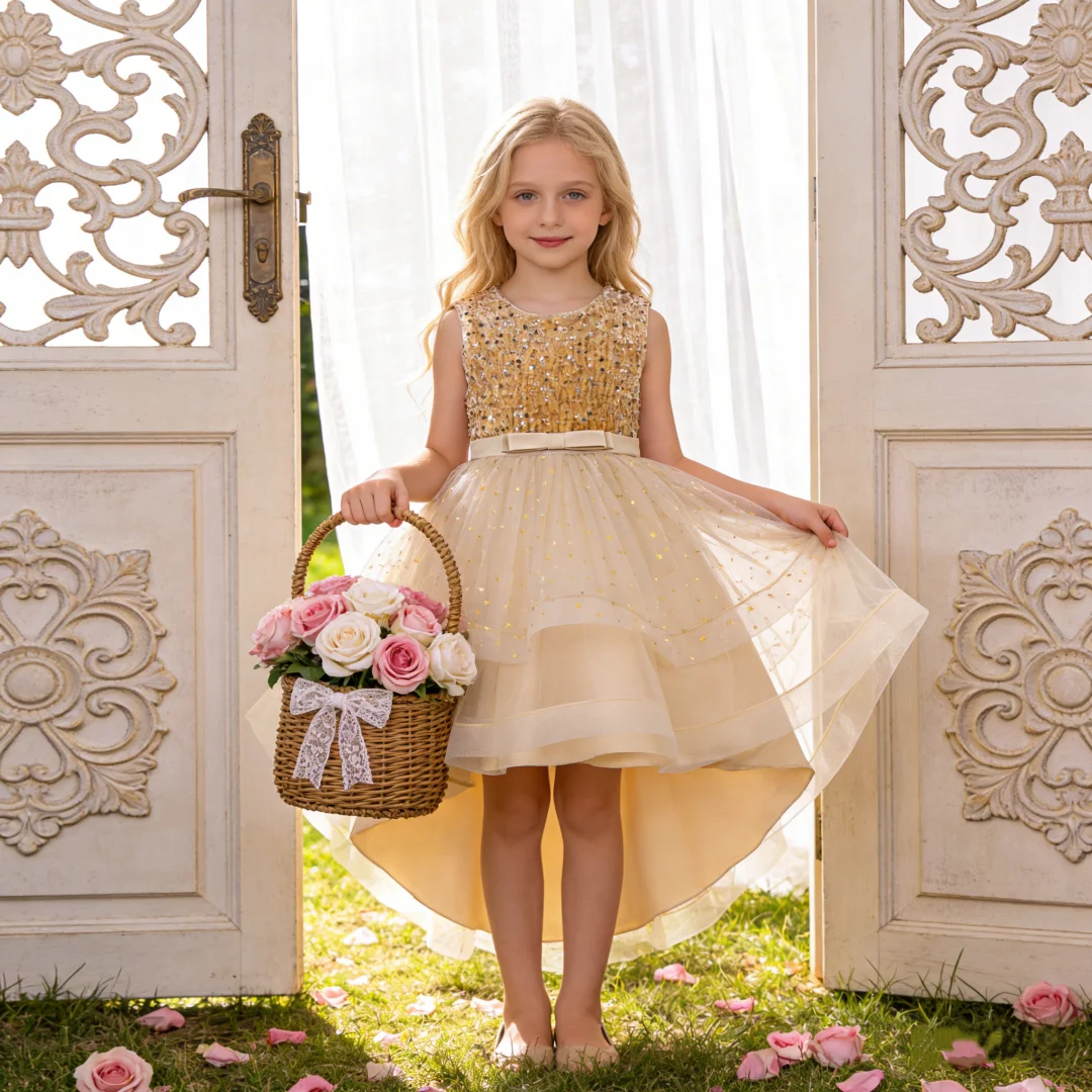 Girls Sequin Trailing Shining Party Dress Kids Fluffy Wedding Princess Gown Young Girl Lace Evening Clothes Children Flash Wear