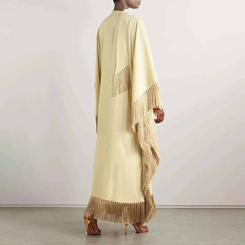 

Fashion V-neck Batwing Sleeve Loose Pleated Dress Elegant Casual Women's Robes Summer New Solid Tassel Design Style Swing Dress