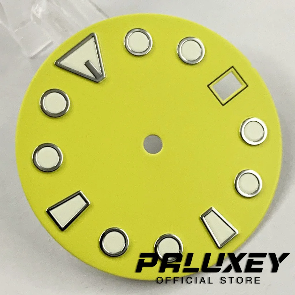 NH35 레드 옐로우 블랙 시계 다이얼, 녹색 야광 시계 페이스, NH35A 4R35 무브먼트 핏, 3 시 시계, 3.8O 시계 케이스 크라운, 28.5mm