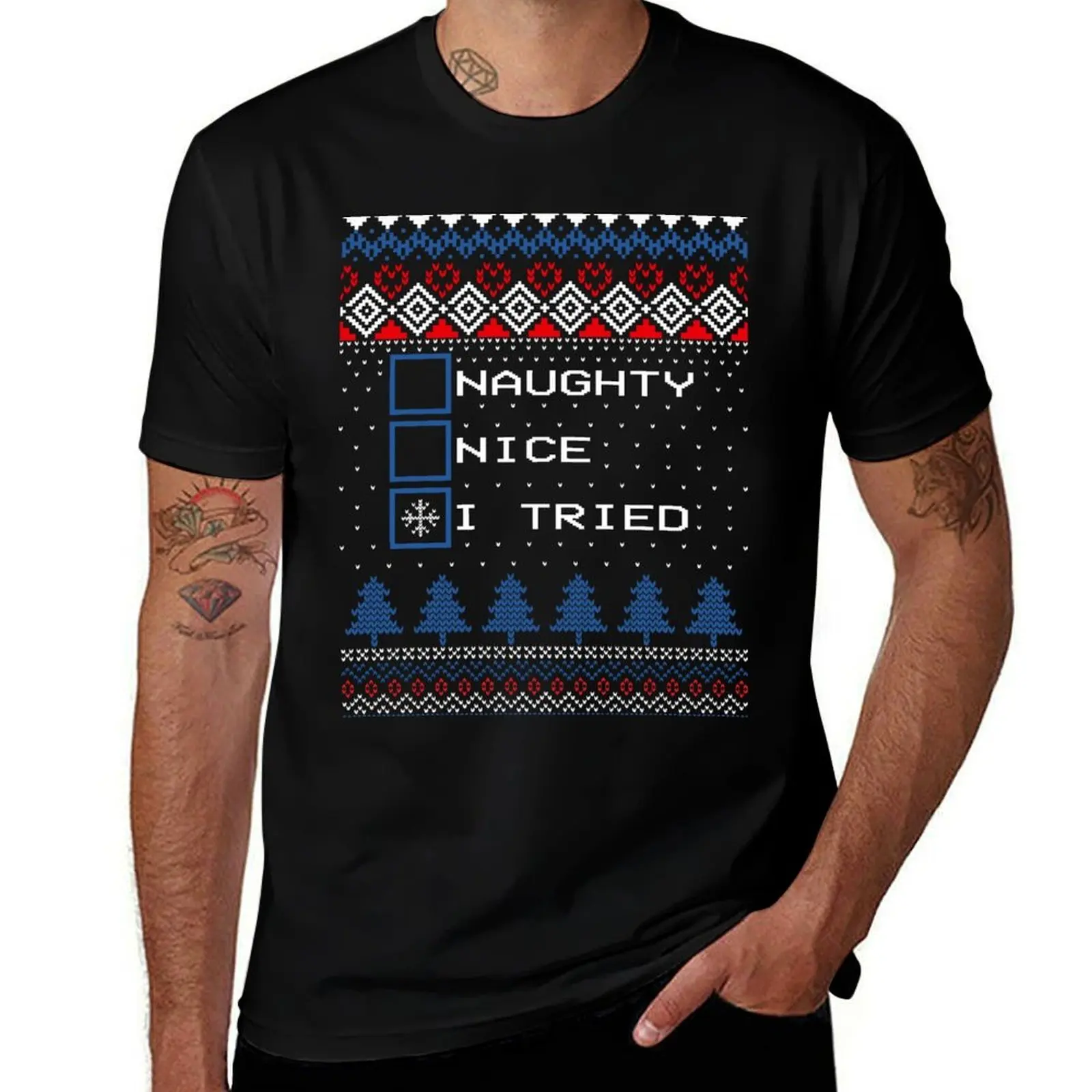 Ugly Christmas Sweater Naughty Nice I Tried T-Shirt Functional Casual Short Sleeve Tee