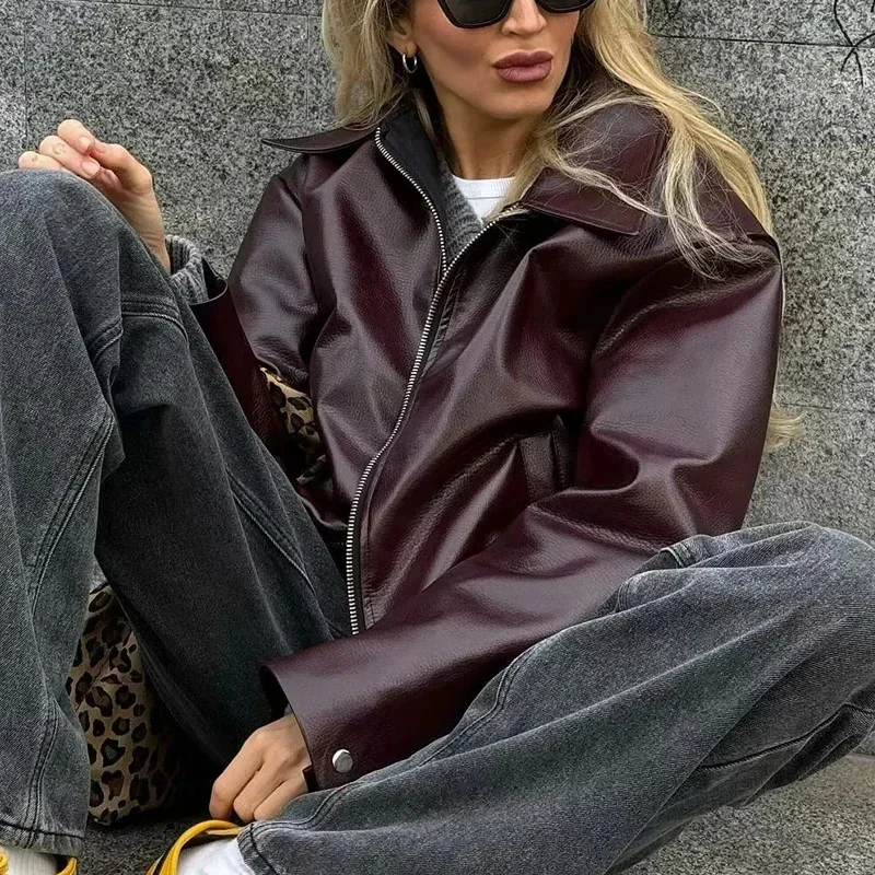 Fashion Vintage Red Long Sleeve Women Coat Patchwork Lapel Zipper Leather Jacket 2024 Autumn Winter Female Casual Streetwear Top