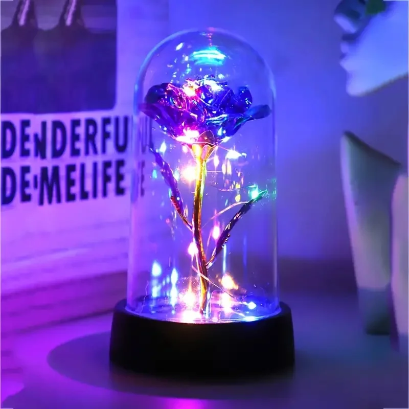 Artificial Rose Flower LED Lights Rose in Glass Dome on Wood Base For Wedding Party Mother's Day Valentine'S Day Christmas