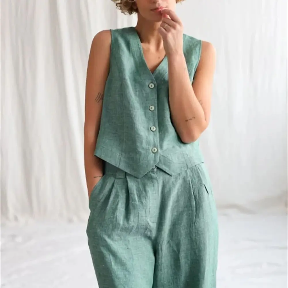 

Women's Vest Pants Linen V Neck Sleeveless Green Waistcoat +High Waist Wide Leg Pant conjuntos para mujeres 2 piezas elegantes