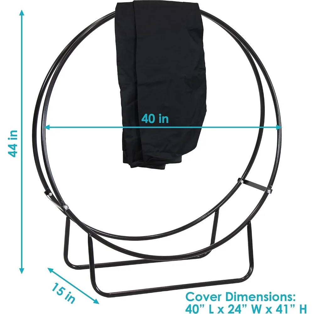 Outdoor Firewood Log Rack Hoop and Cover Set - Powder-Coated Steel Round Firewood Rack and PVC Cover - Black - 40-Inch