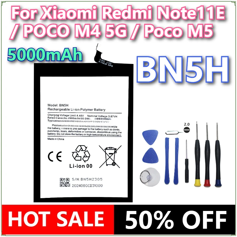 

Brand New BN5H 5000mAh Mobile Phone Battery For Xiaomi Redmi Note11E / POCO M4 5G / Poco M5 Phone Replacement Batteries + Tools