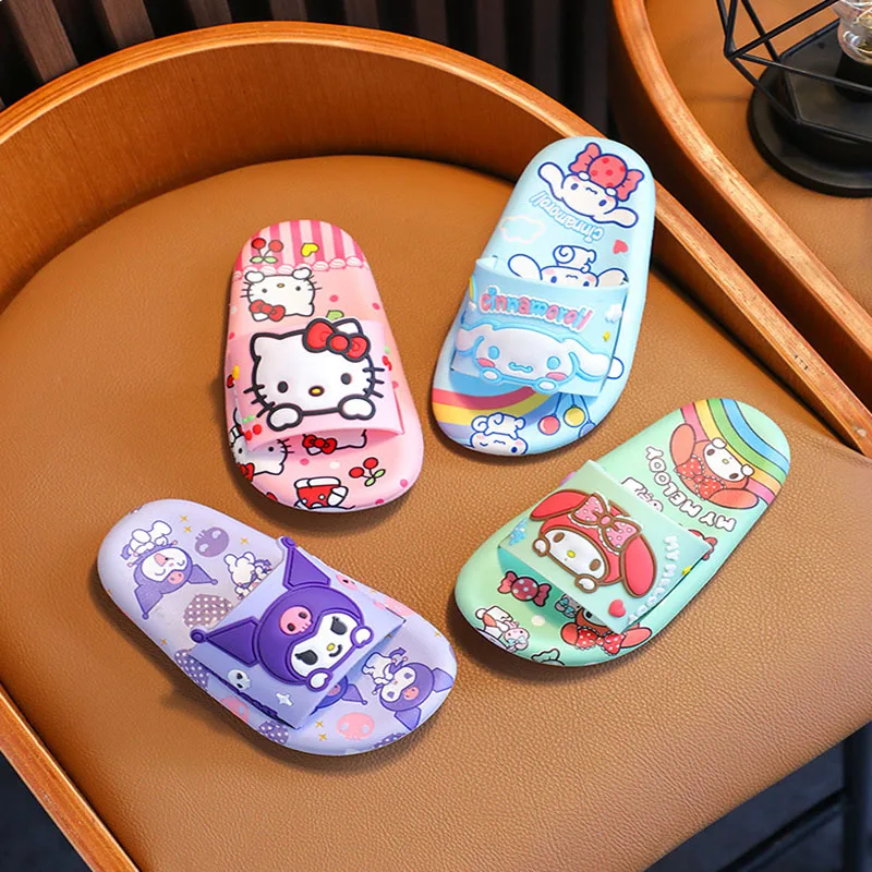 Sanrio Slippers Kawaii Hello Kitty Anime Kuromi Cinnamoroll My Melody Cute Kids Summer Beach Outdoor Non-Slip Slippers Girl Toys